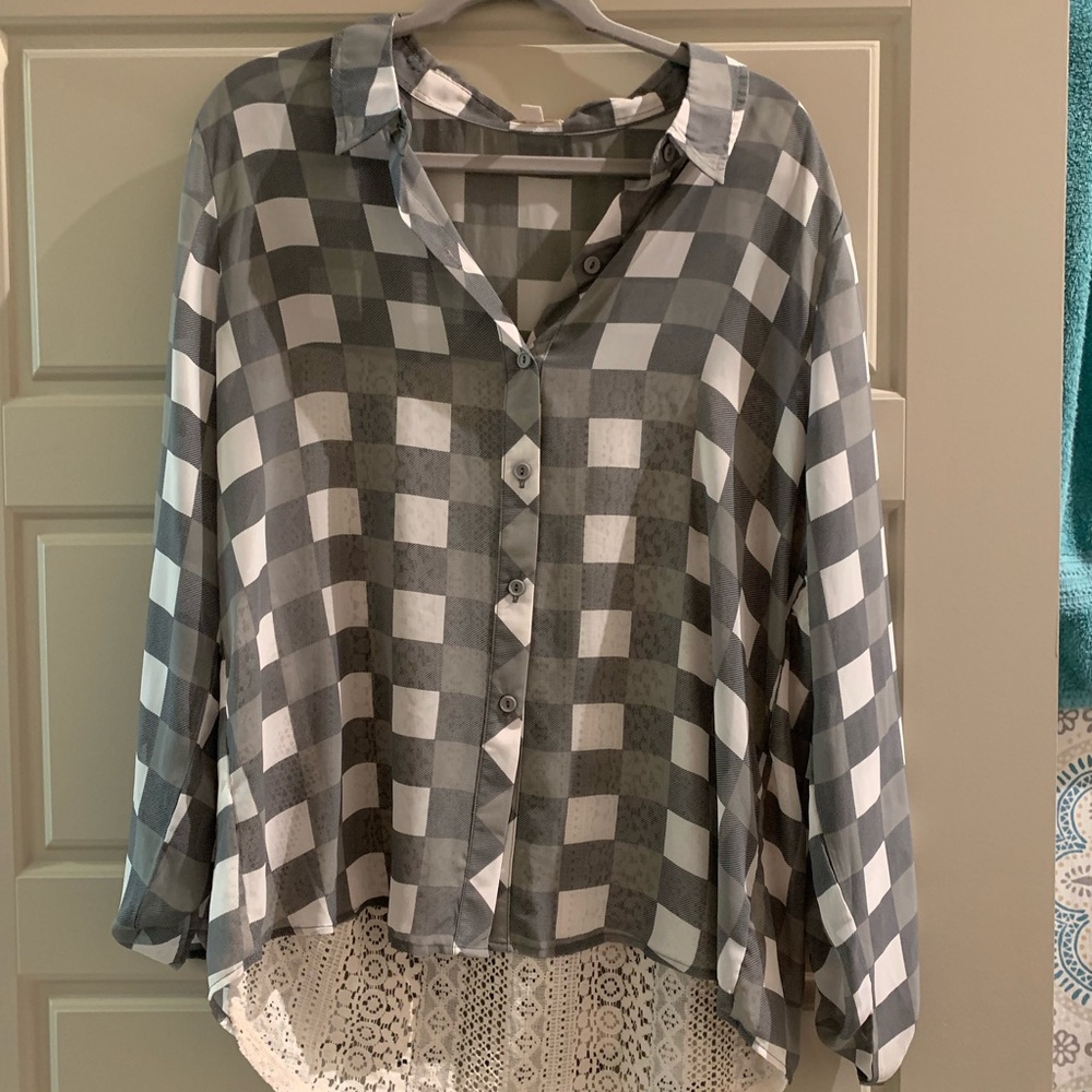 Charming Charlie’s grey and white checked tunic with lace underlay